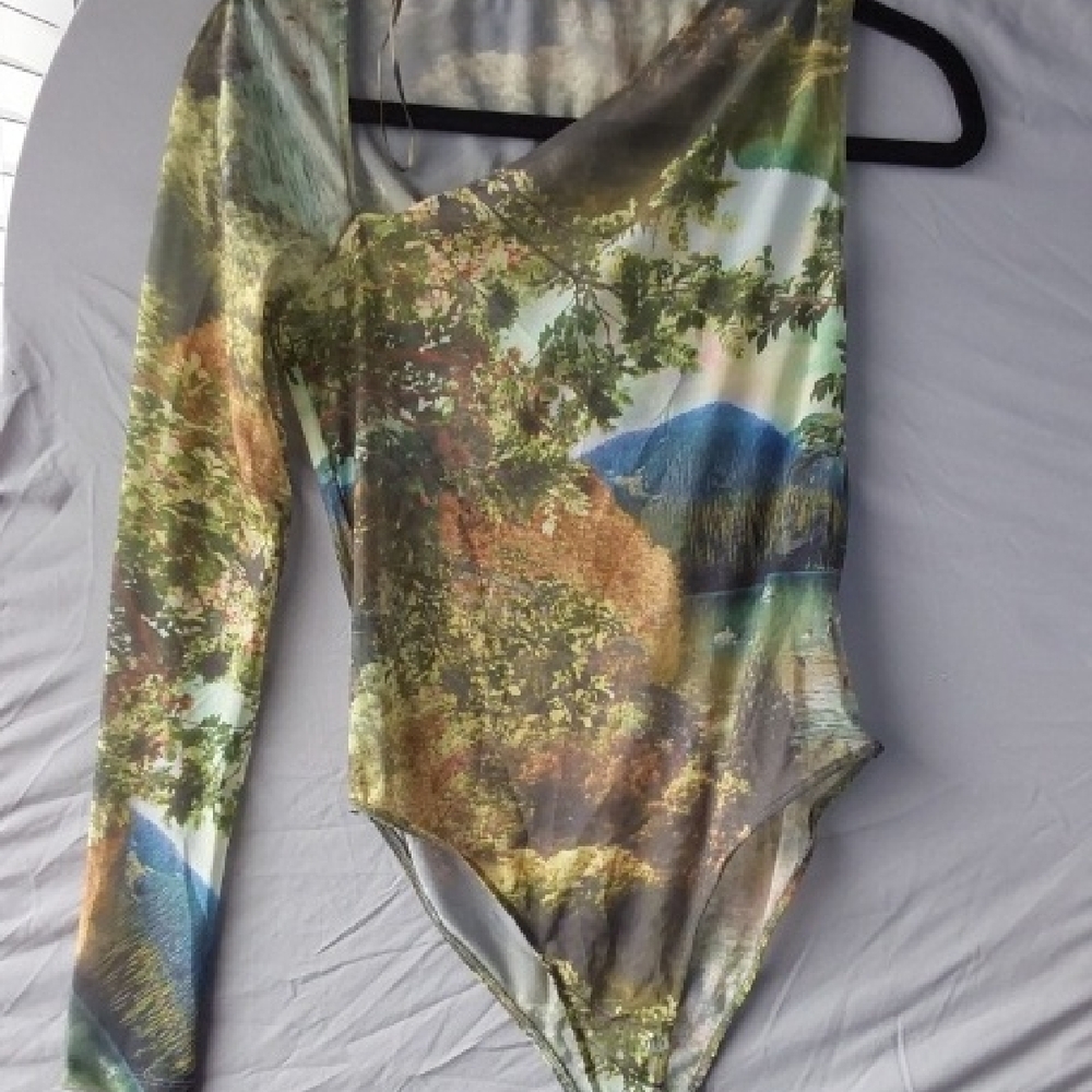 Zara Scenic Print One-Shoulder Bodysuit in Green, Blue, Brown
